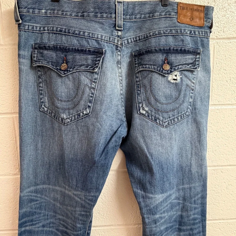 True Religion Mens Geno Distressed Jeans 42 Blue Red Backed Ripped Y2K Flap